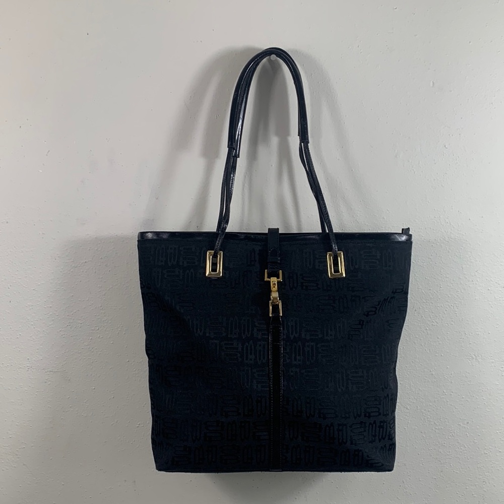 Tosca Blu Italy Tote Bag Womens Medium Black Canvas Monogrammed Shoulder Purse